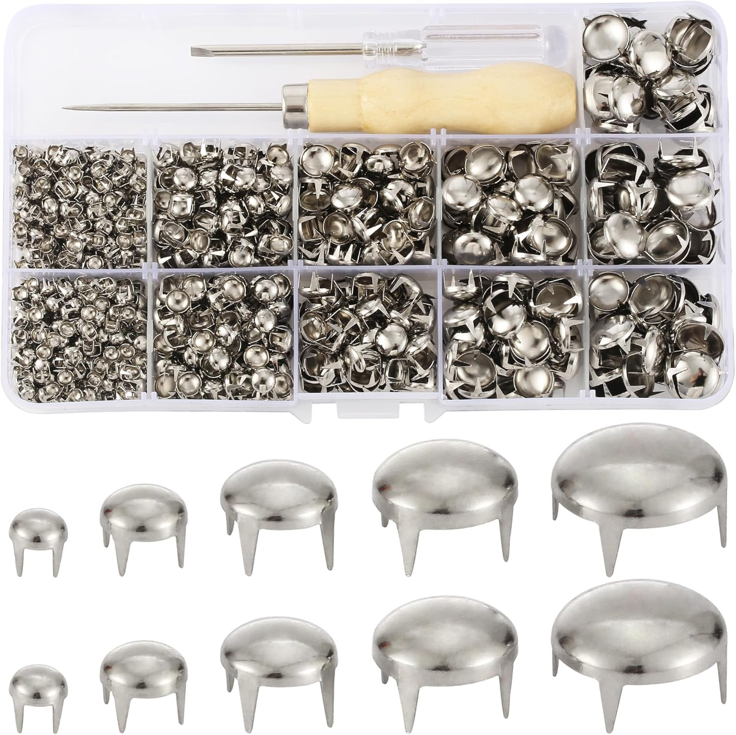 1220 Pcs Assorted Sizes Studs for Clothing Leather Rivets Round Dome Studs and S