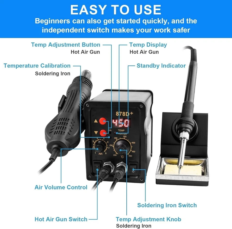 Estacion De Soldadura Estación Calor Pistola Aire Caliente Digital 2 En 1 NUEVO