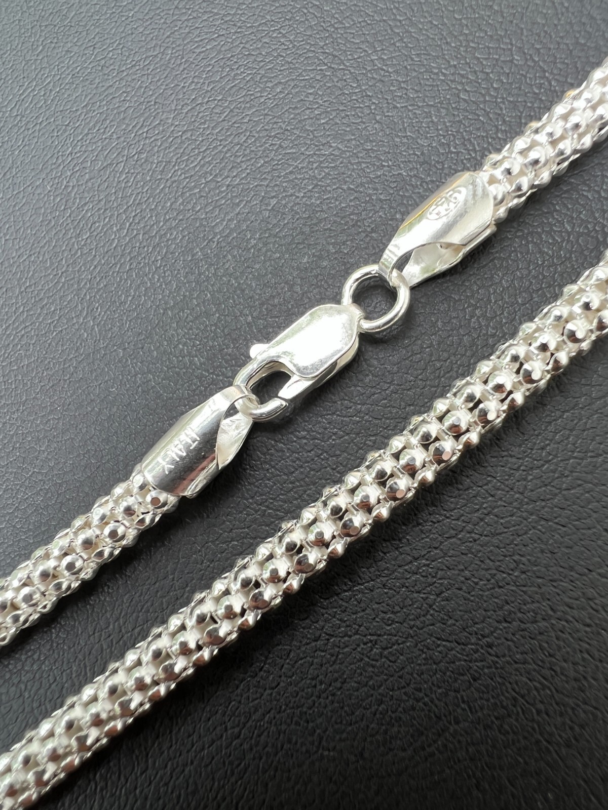 Real Solid 925 Sterling Silver Diamond Cut Popcorn Mesh Chain Necklace Coreana