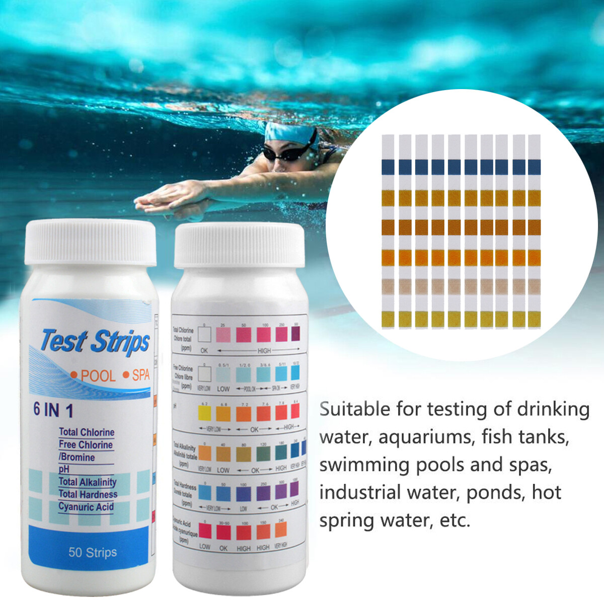 200PCS 6IN1 Chlorine Dip Test Strips Hot Tub SPA Swimming Pool PH Tester Paper