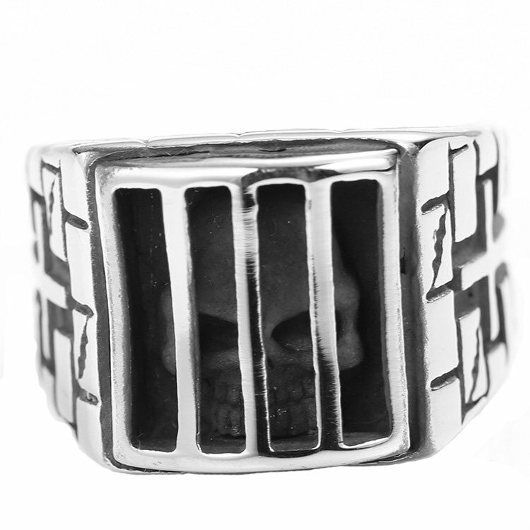 MENDEL Mens Punk Prisoner Skull Ring Band Stainless Steel Convict Jail Inmate