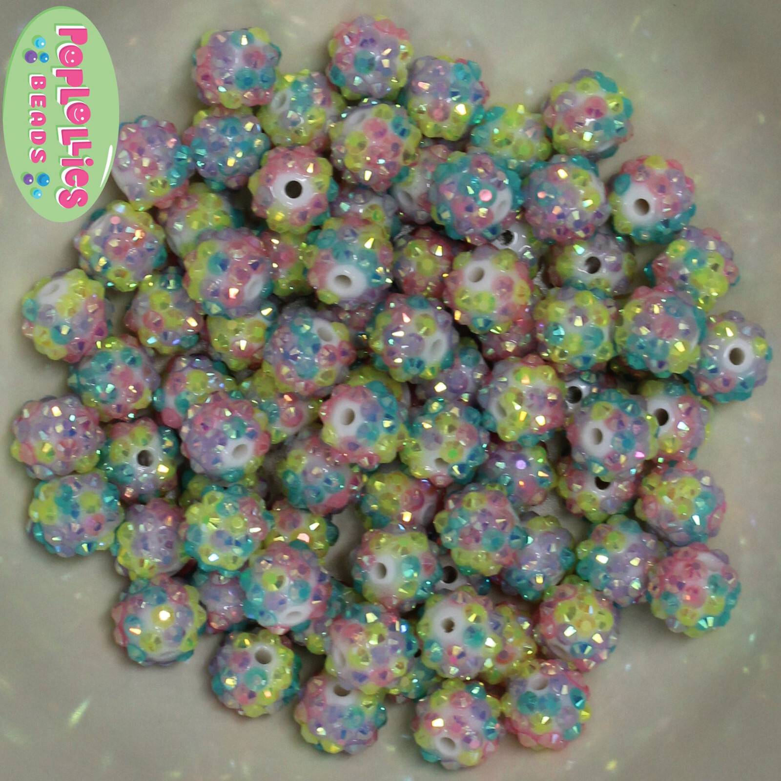 12mm Pastel Confetti Style Resin Rhinestone Bubblegum Beads Lot 40 pc.