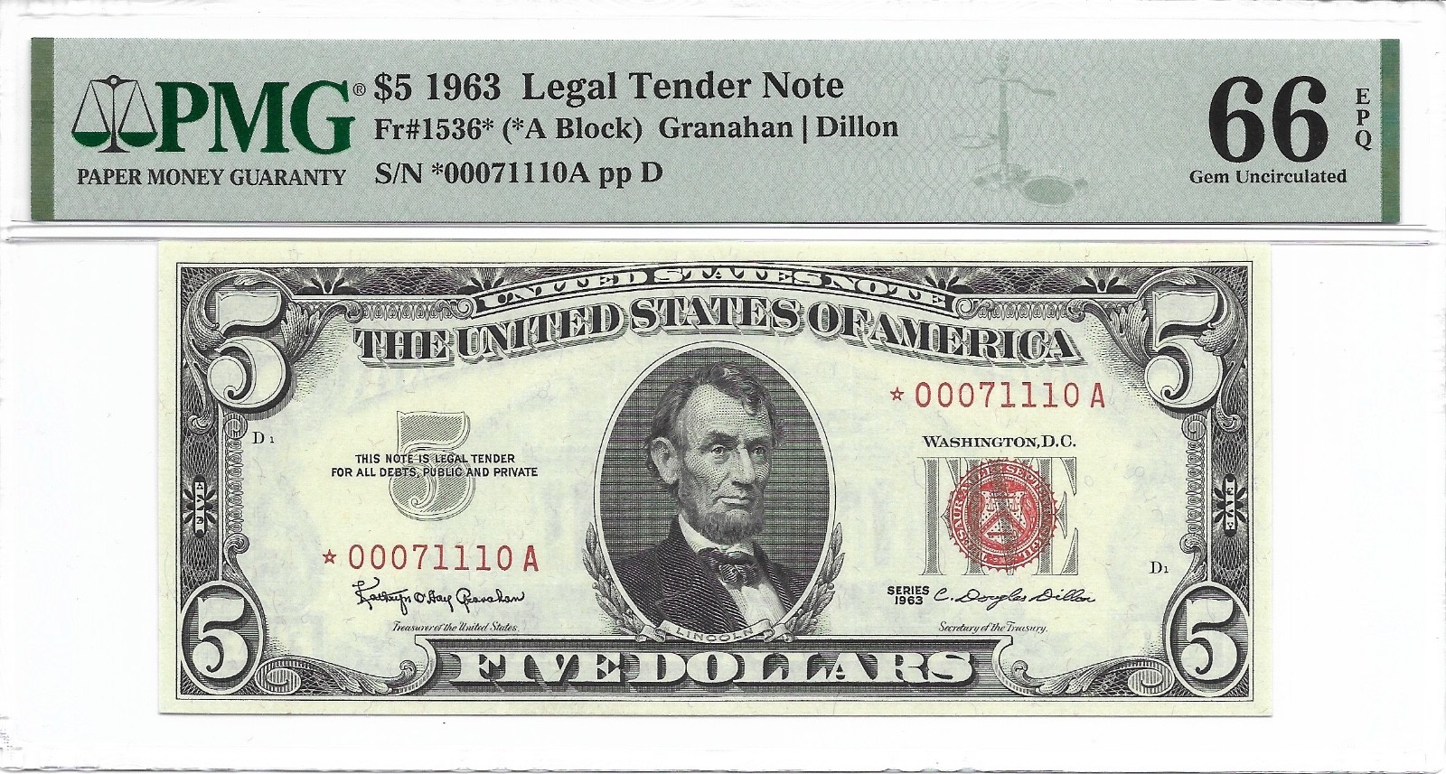 1963 $5 * STAR * ⭐️ Legal Tender, US Note. PMG GEM Uncirculated 66 EPQ Banknote.
