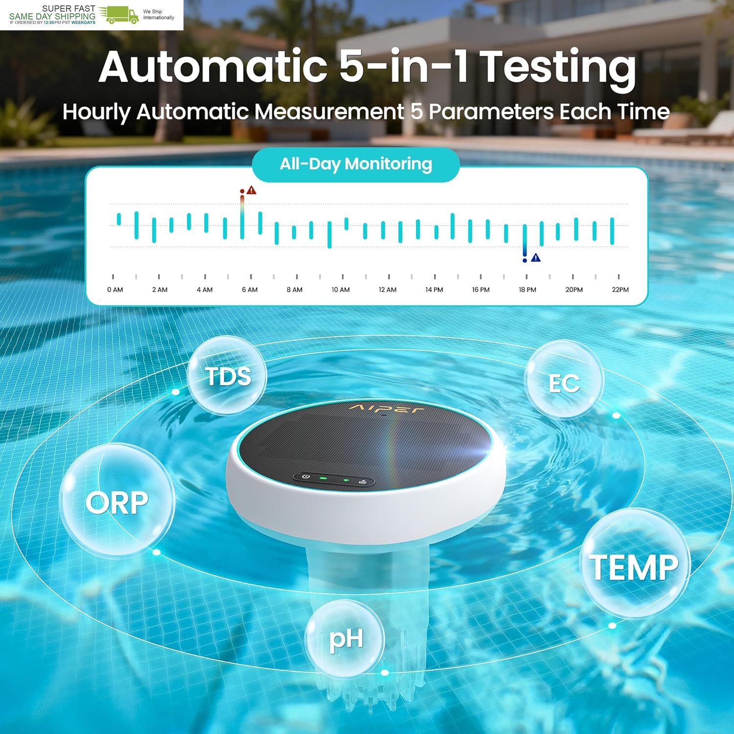 Hydrocomm Smart Pool Monitor, 24/7 Automatic Water Testing for Pools, Hot Tubs &