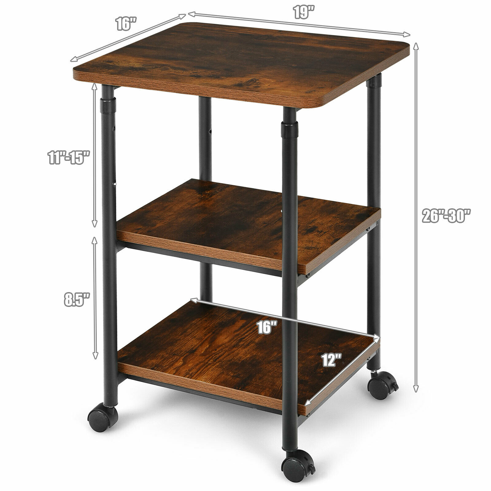 3-Tier Rolling Adjustable Printer Cart Machine Stand Storage Rack Brown