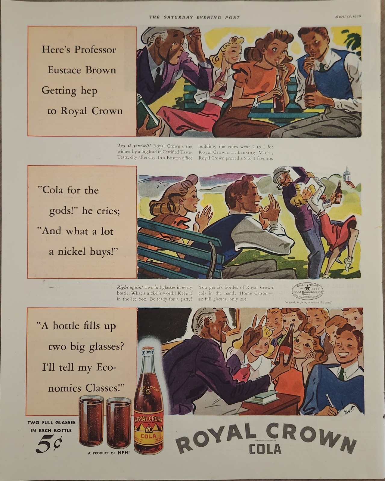 1939 Royal Crown Cola Soda Pop Vintage Ad A Bottle Fills up Two Big Glasses