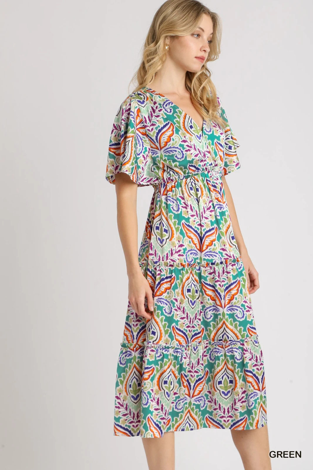 Umgee Multi Satin Paisley Ruffle Trim Tiered A-Line Midi Dress