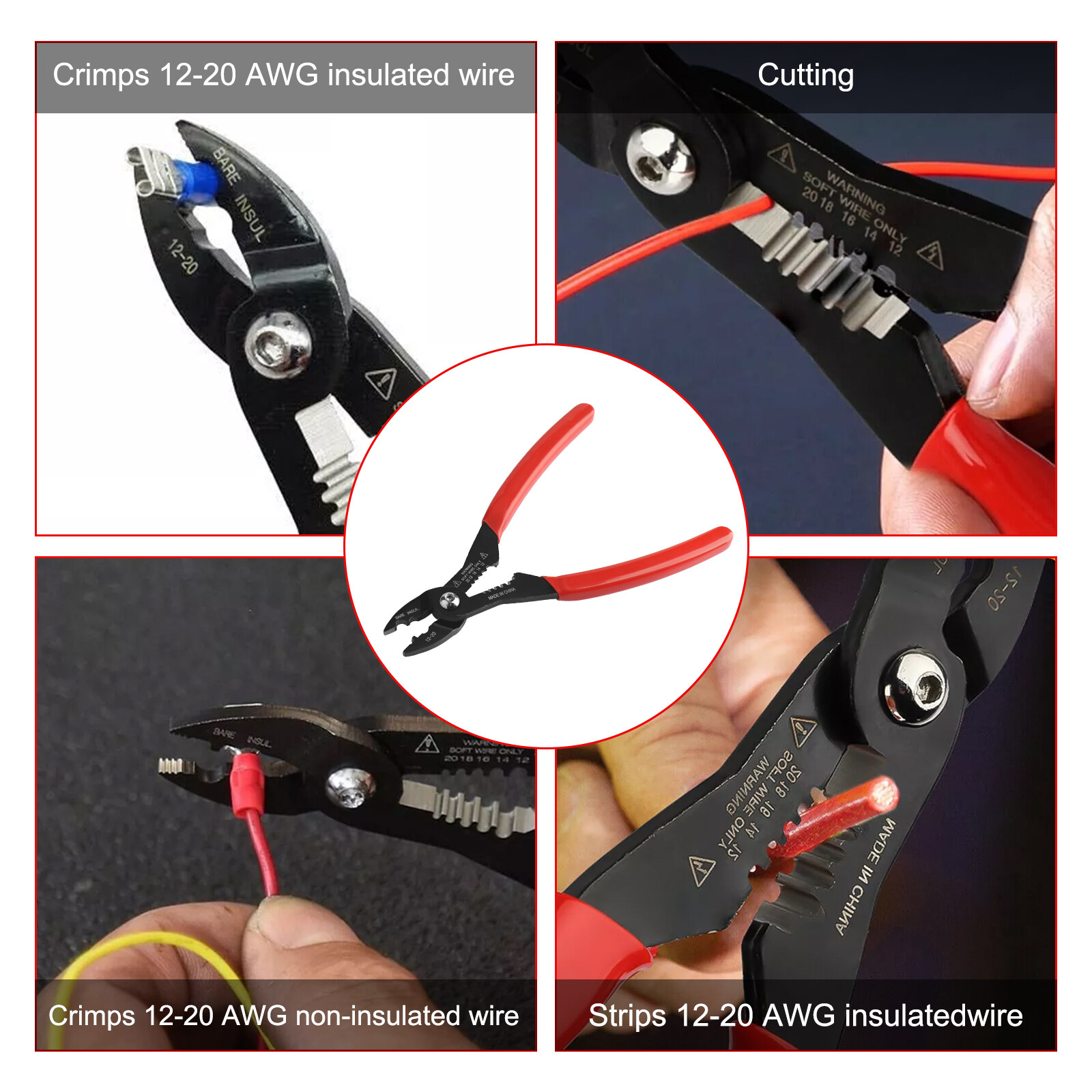 4 in 1 Wire Service Pliers Crimper Stripper Cutter Gripping for 12-20AWG Cable