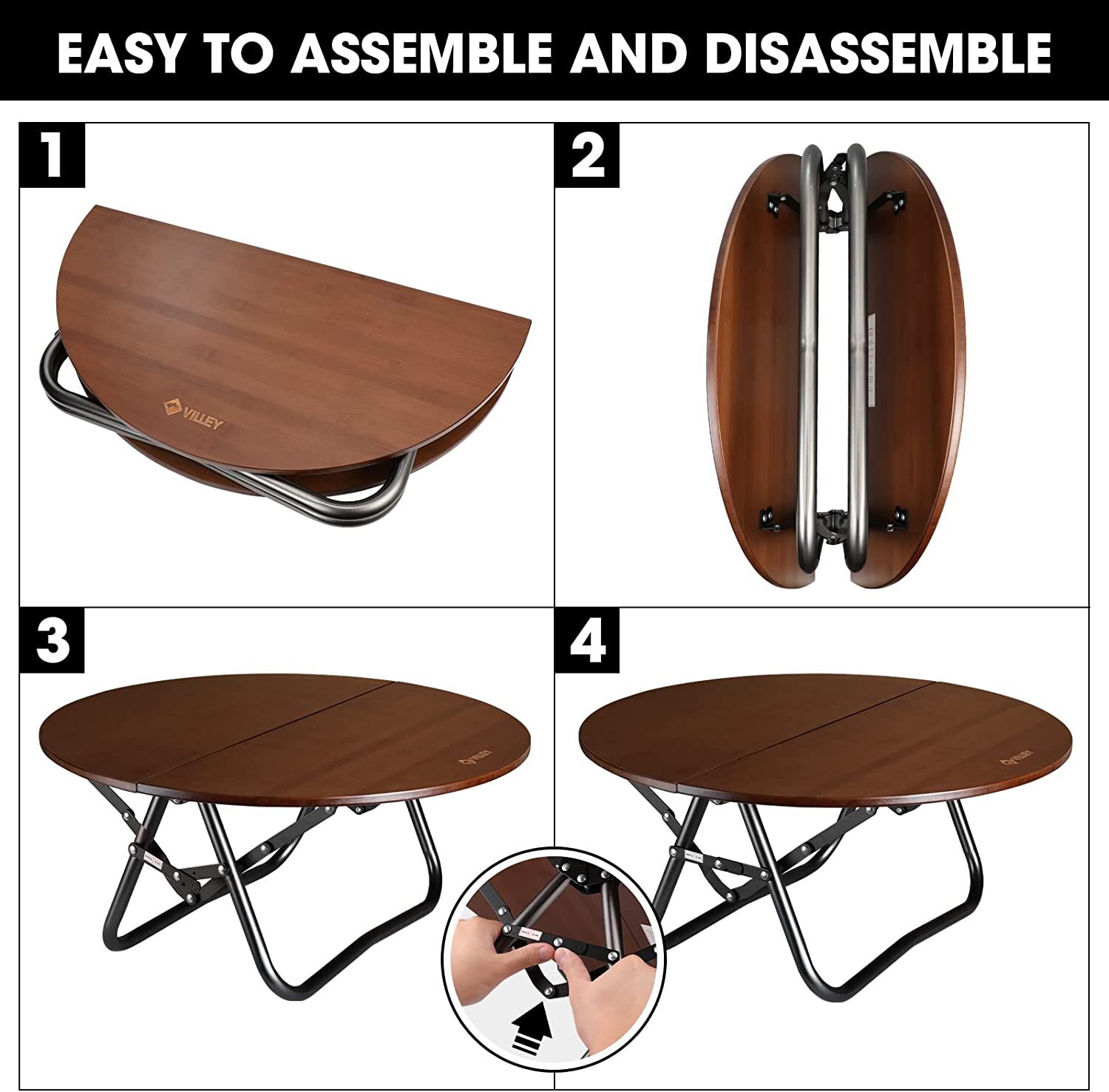VILLEY Bamboo Round Folding Table with Carrying Bag Half-fold Portable Aluminum