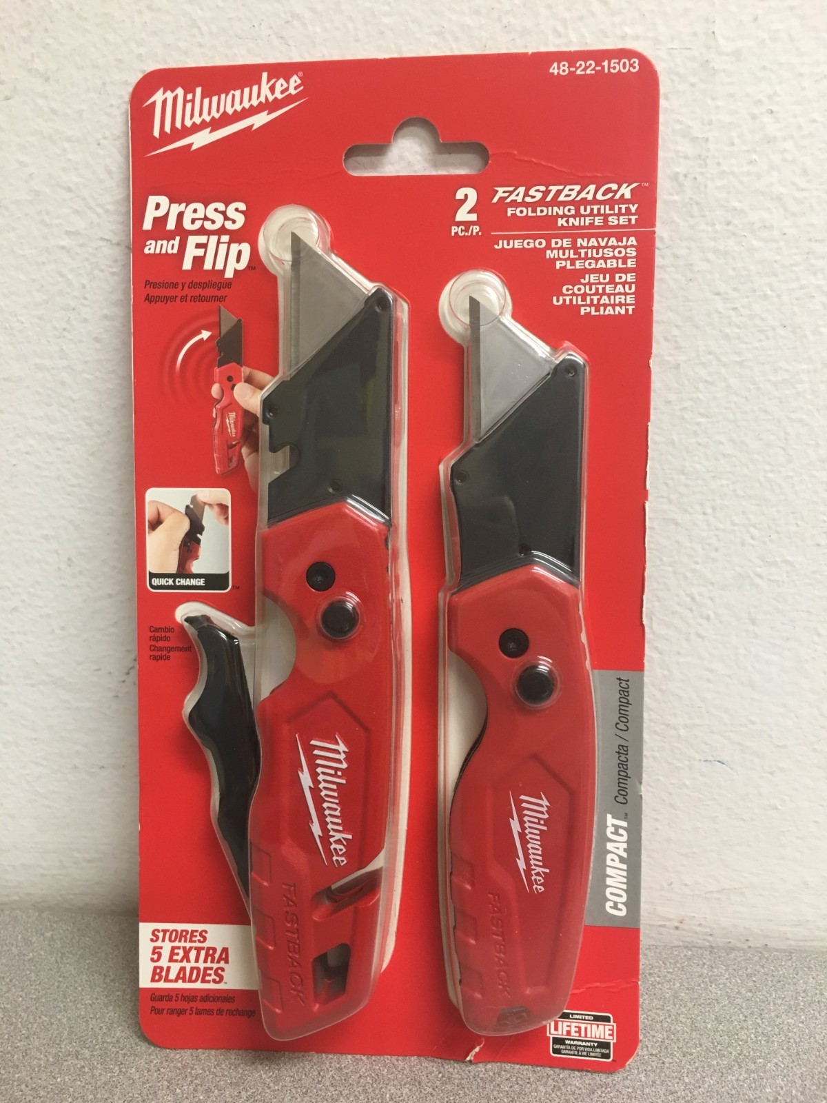 Milwaukee Fastback 6.87 in. Press and Flip Folding Utility Knife Set Red 2 pk