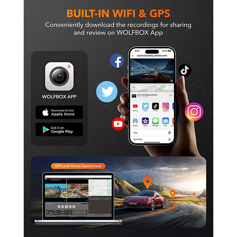 WOLFBOX 12" Mirror Dual Dash Camera Front & Rear Dash Cam With WiFi&GPS for Cars