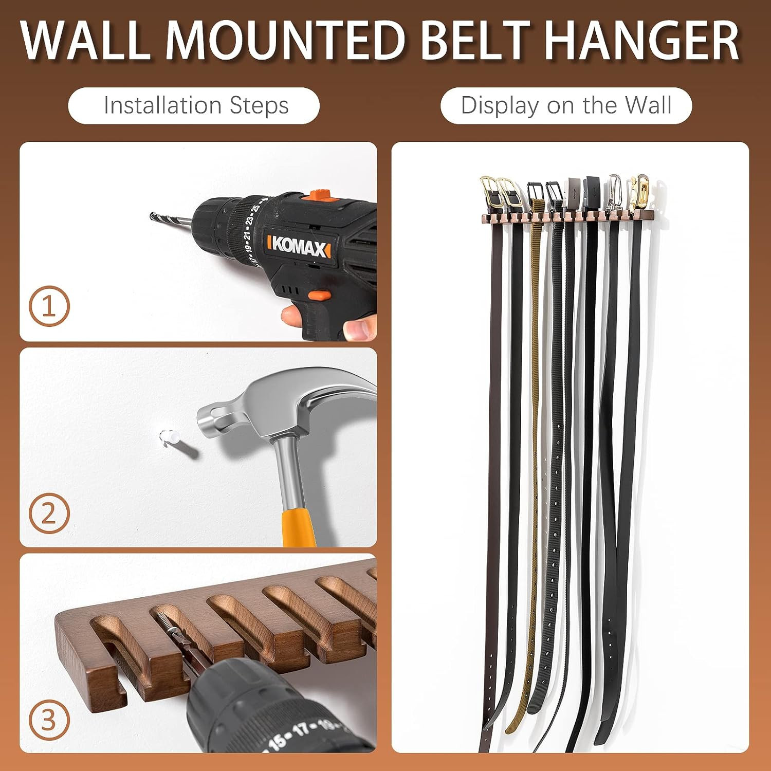 Wooden Belt Rack for Closet Wall Mount, Sturdy Belt Hanger Organizer Holds 14 Be
