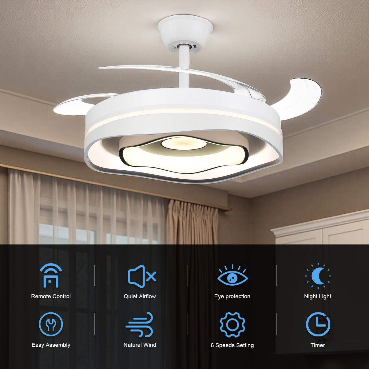 42" Modern 3 Color Light Ceiling Fan w/ Light Remote Control Retractable Blades