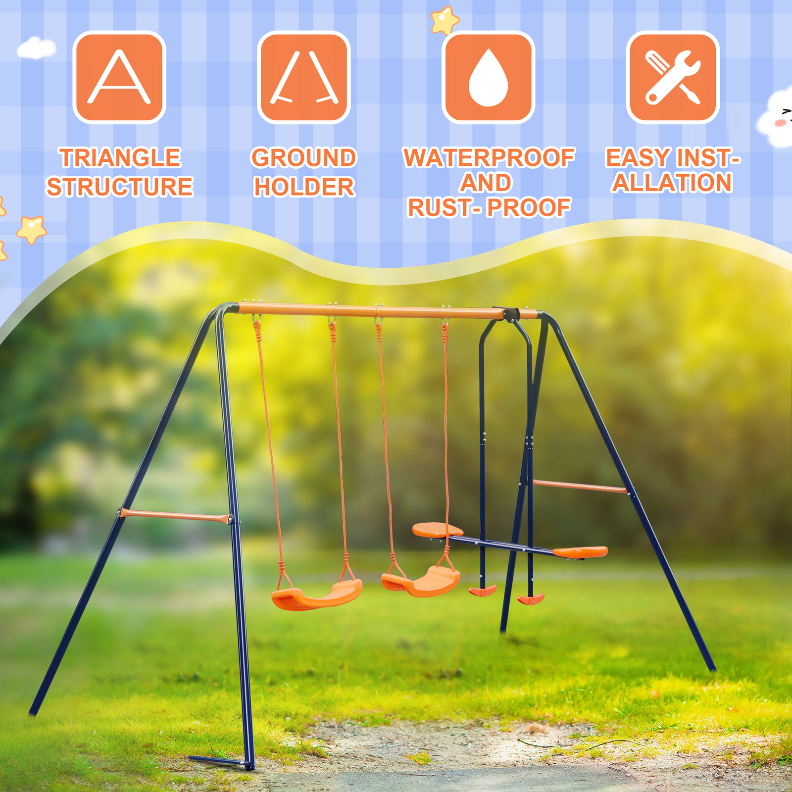Double Kids Play Swing Set w/ 2 Seats & 1 Glider for Outdoor Backyard Heavy-Duty