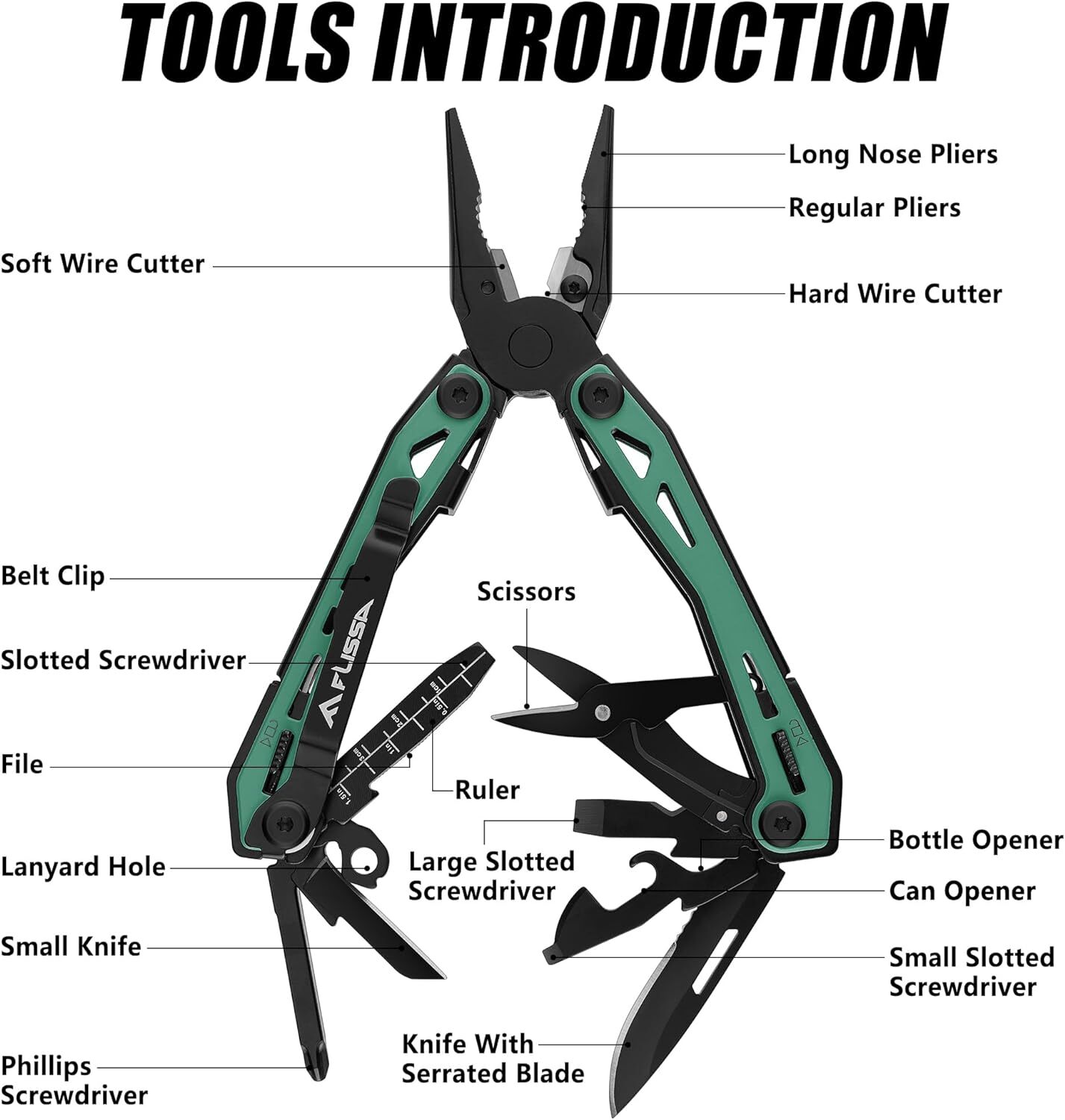 FLISSA 16-in-1 Multi Tool Pliers Stainless Steel EDC Multitool with Pocket Knife