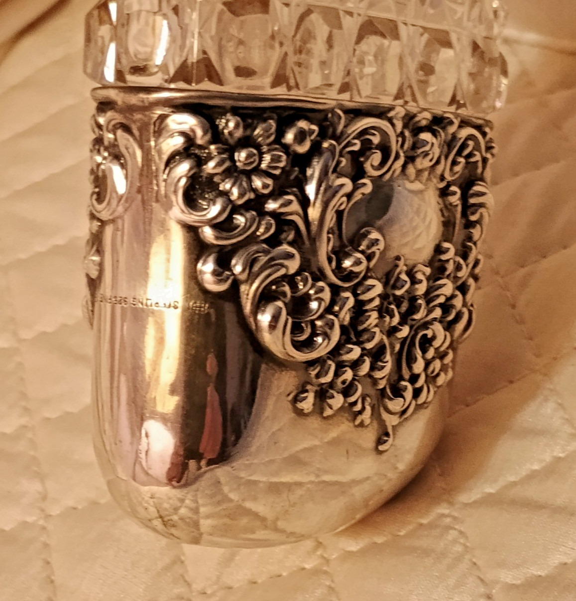 Vintage Crystal Flask w/ Sterling Silver Cup w 3D Repousse & Bayonet Mount Cup