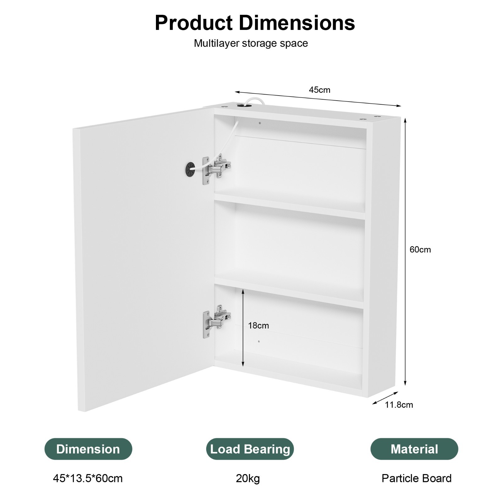 18x24inch Led Medicine Cabinet Bathroom Mirror Cabinet with Lights Anti-Fog New
