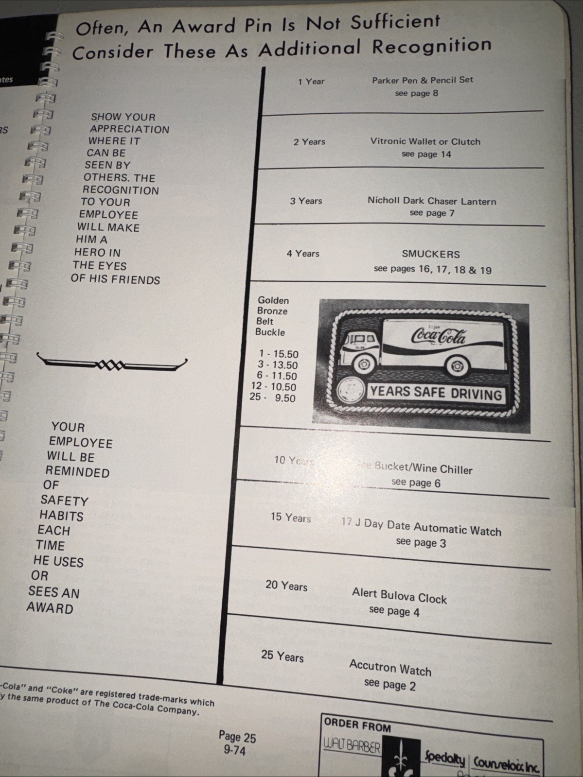 1974 Walt Barber Specialty Advertising Coca Cola Promotional Employee Gift