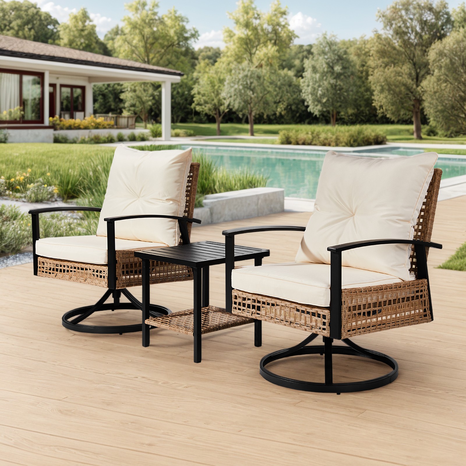 Set of 3 In/Outdoor Garden Swivel Rocker Patio Chairs and Table 360 Degrees