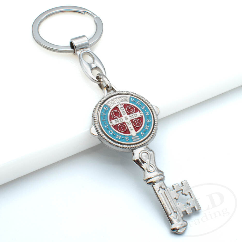 Saint St Benedict Key Shaped Medal Pendant Key Chain Silver & Blue - Religious