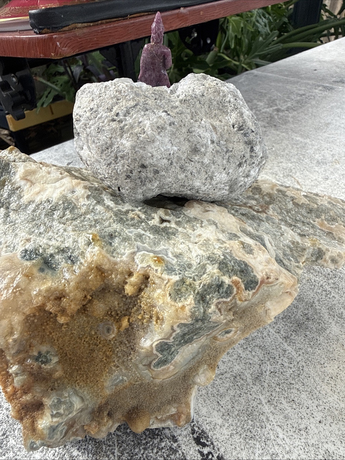 Carved Ruby Buhda On Ocean Jasper Faced Rough, Incredible Orbs Red Crystals 6”