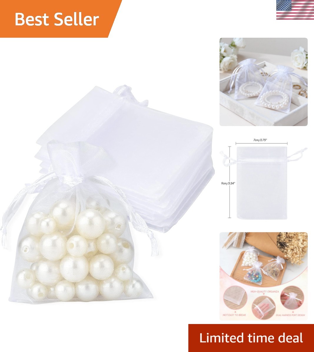 50Pcs Organza Bags, 2x3 inch Gift Favor Bags, White Wedding Favor Bags, Jewel...