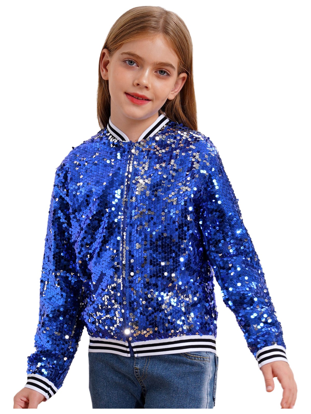 US Kid Girls Baseball Jackets Stylish Coat Street Dancing Outerwear Sequin Shiny