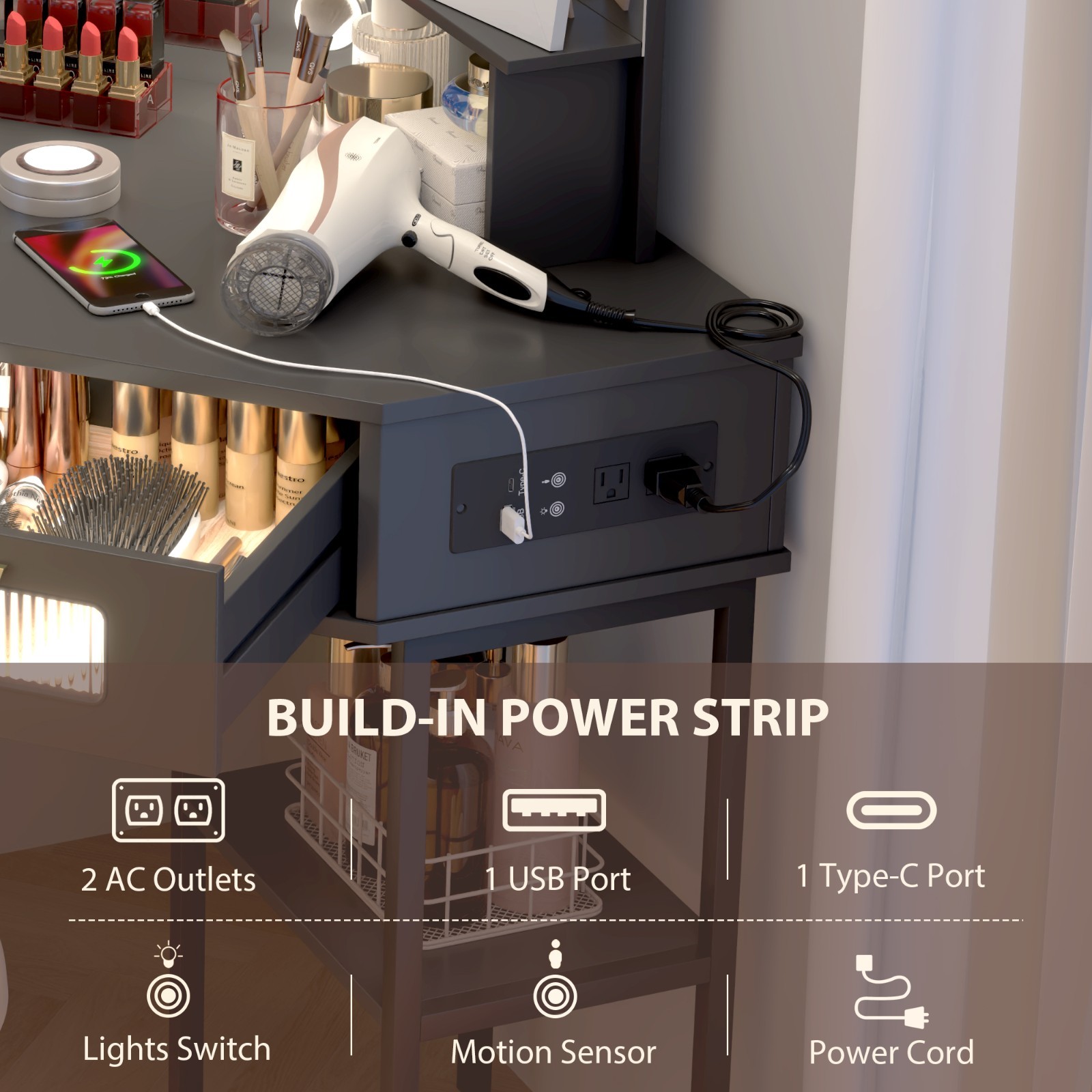 Corner Vanity Desk with Mirror and Lights, Makeup Table with Charging Station