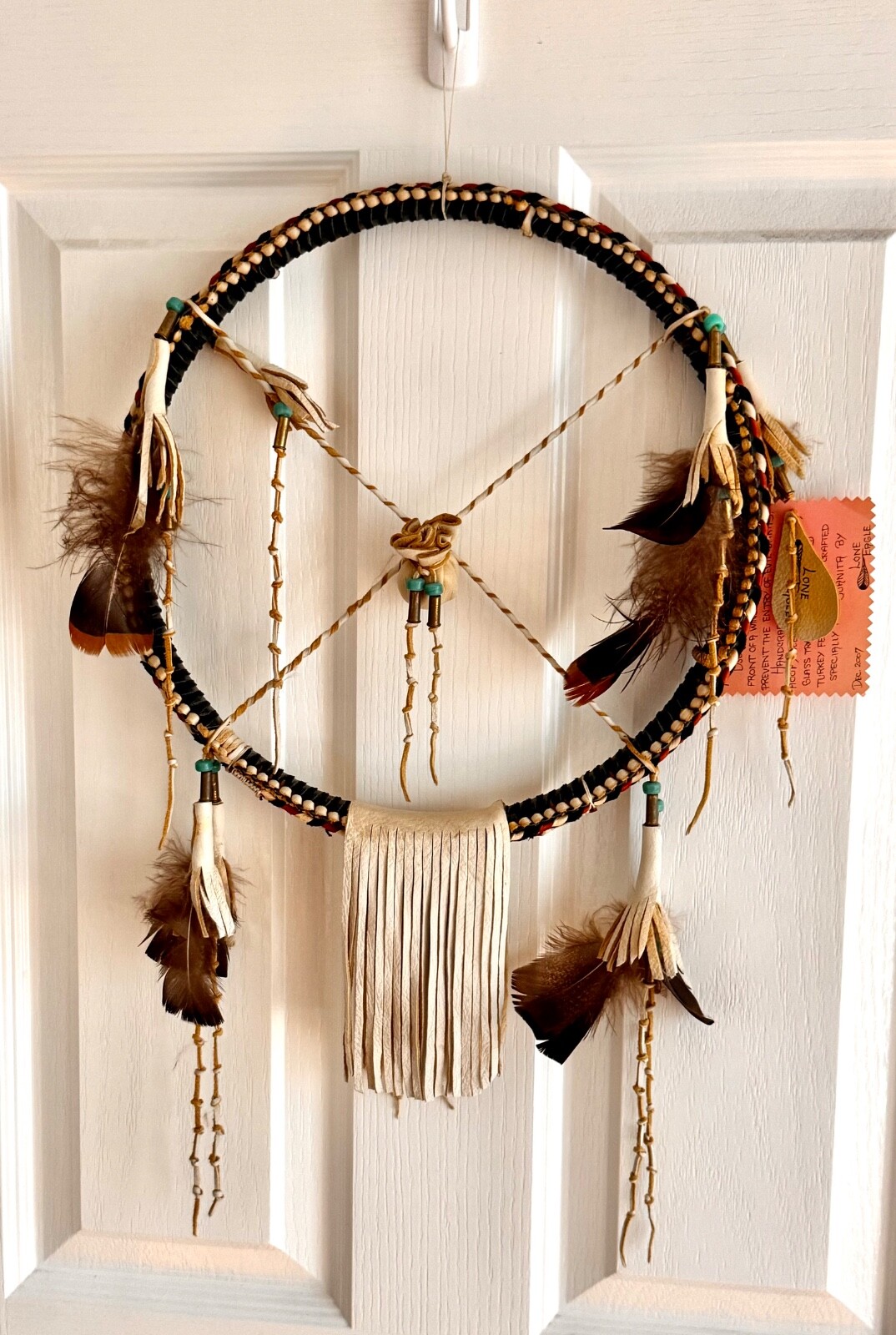 Medicine Wheel-Hopi Artist Lone Eagle Wall Art Braided Leather Wood Hoop Signed