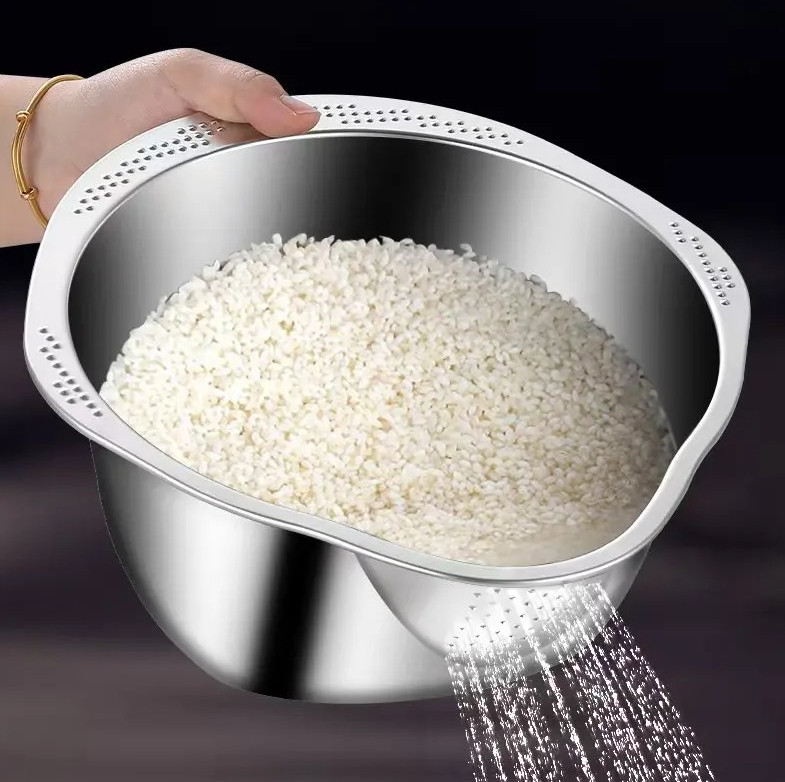 1pc Stainless Steel Rice Washer & Strainer Bowl – 304 Steel Colander for Kitchen