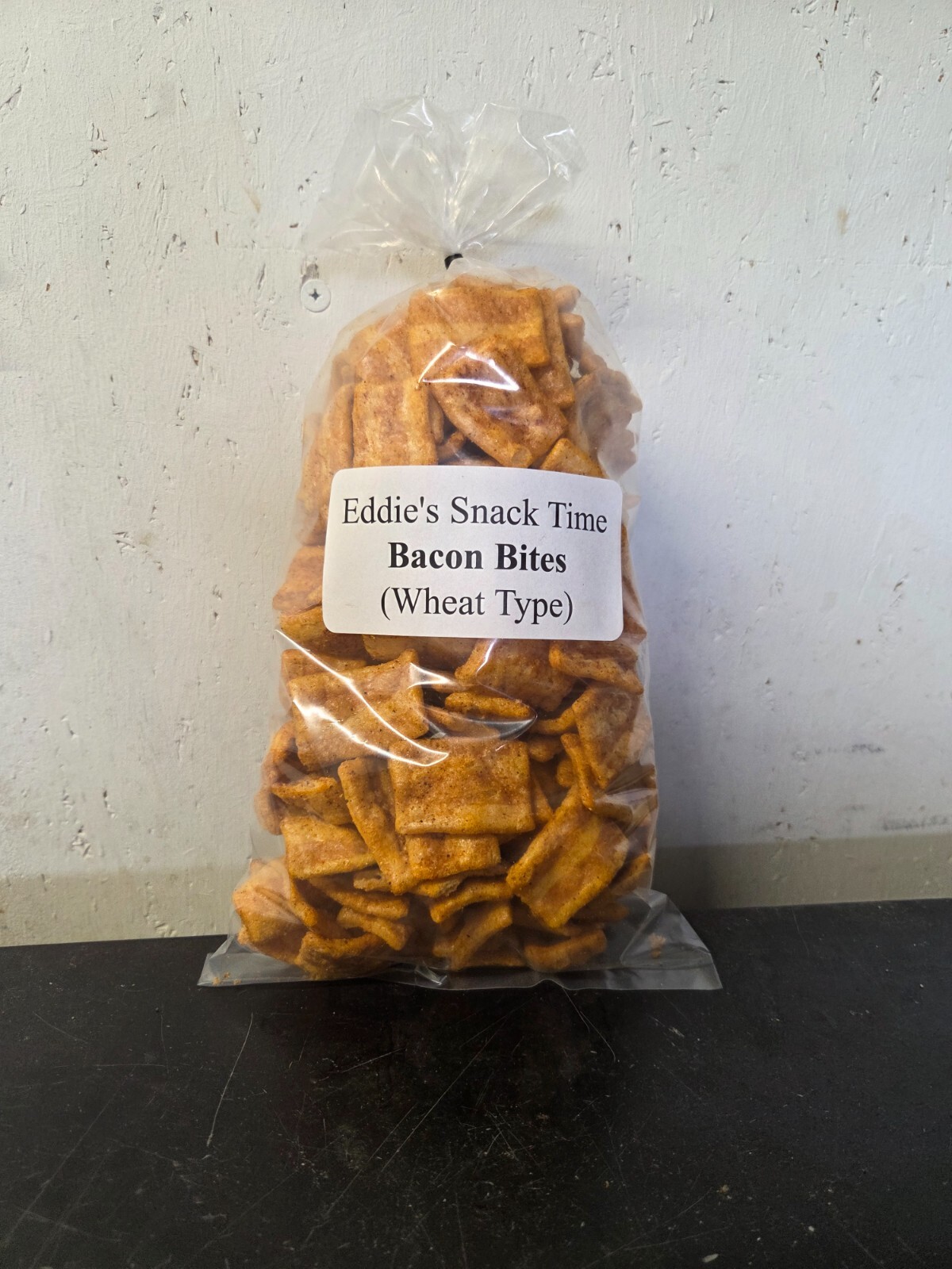 Bag of bbq Bacon bites comes in flavors bbg,,,saltvinegar (wheat type) 4.50oz