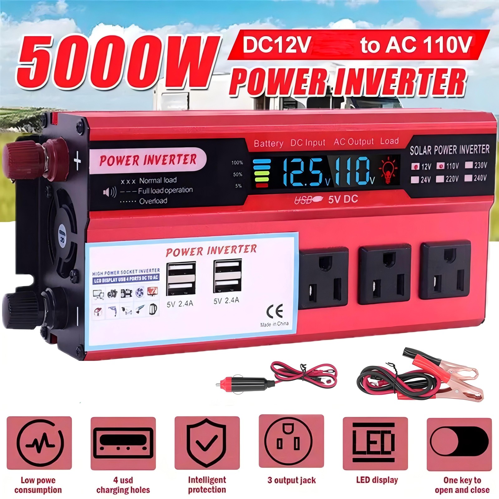 Car Power Inverter 5000W DC 12V To AC 110V Pure Sine Wave Solar Converter 4 USB