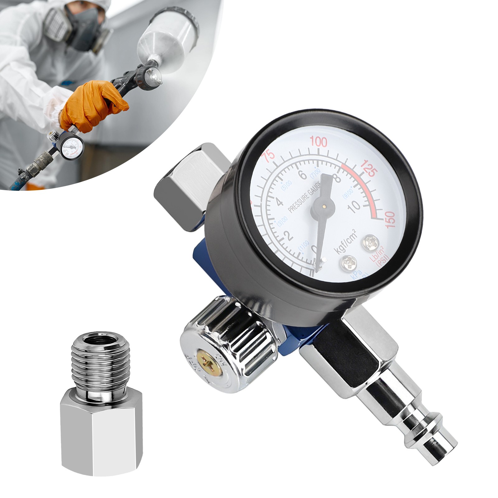 Adjustable Paint Spray Gun Air Regulator Kit 0-10 Bar w/ NPT1/4 Adapter for Auto