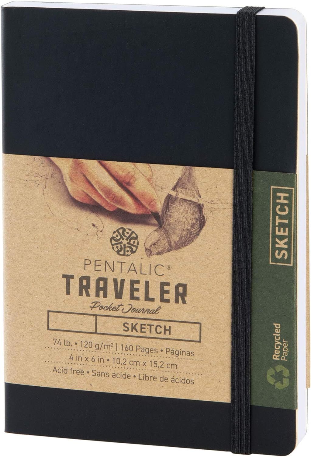 Pentalic 4" x 6" Pocket Sketchbook Traveler Journal, 160 Pages, Black