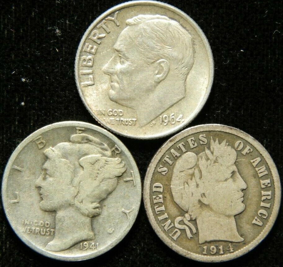 3 Coin Dime Lot , Mercury Roosevelt Barber 90% Silver Bullion Silver Certificate