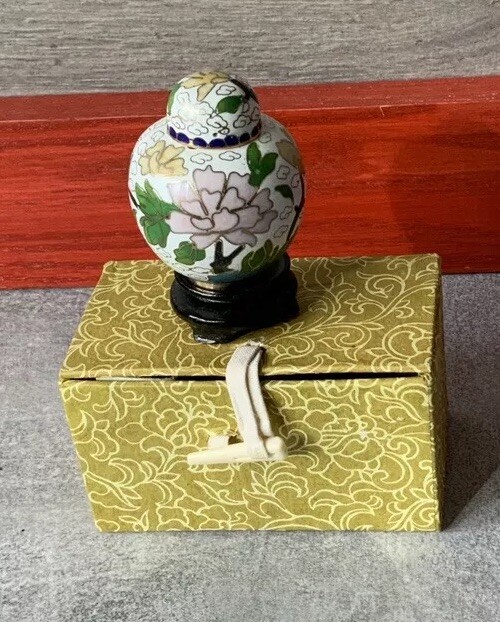 Miniature Chinese Cloisonné Lidded Ginger Jar With Stand and Original Box VTG