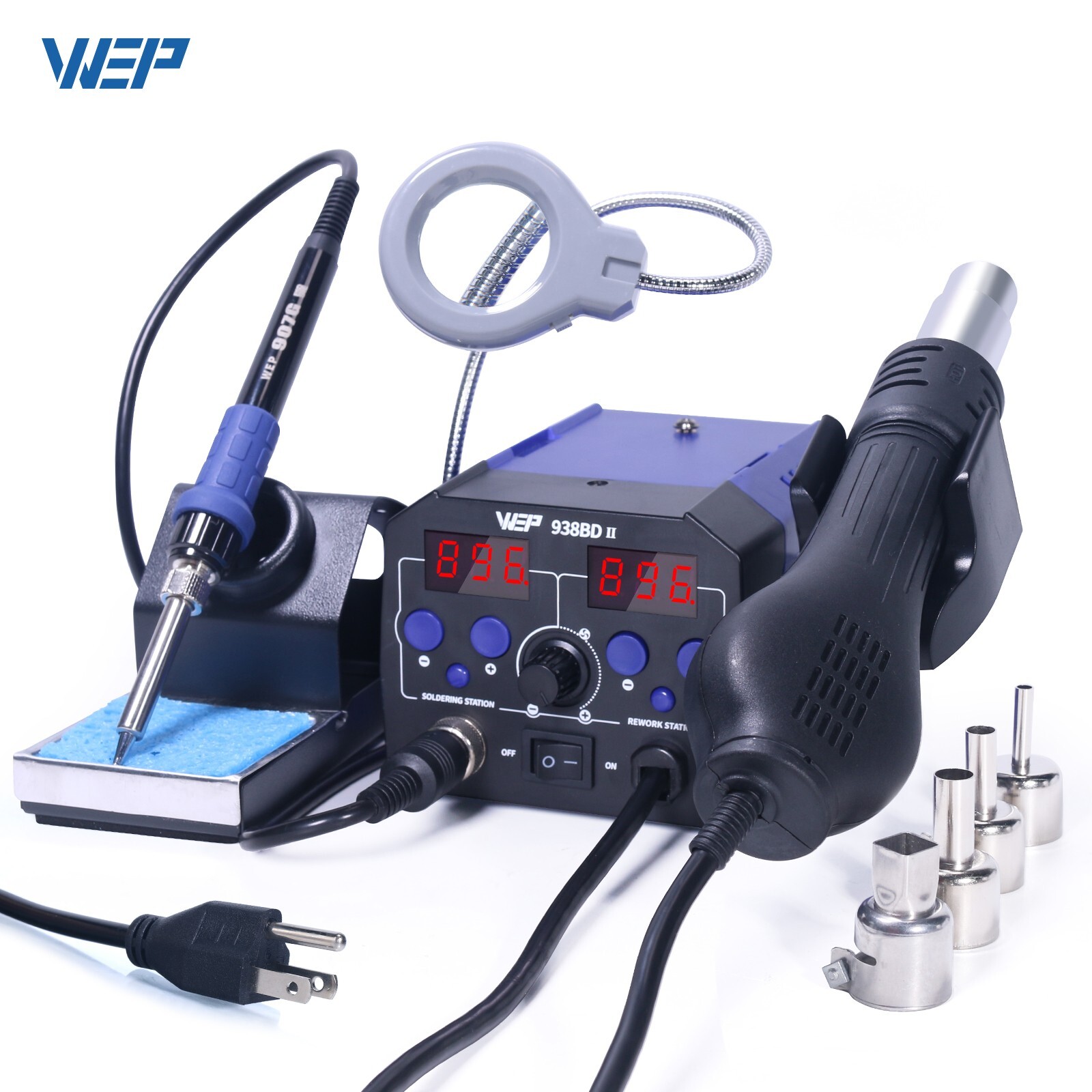 WEP 938BD-II Soldering Iron Station Hot Air Gun Desolder Station with LED Lamp