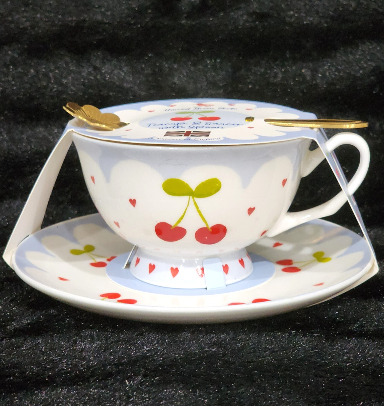 Cherry Bows Teacup & Saucer w Flower Spoon Hearts Blue Red White Lacey Cherries