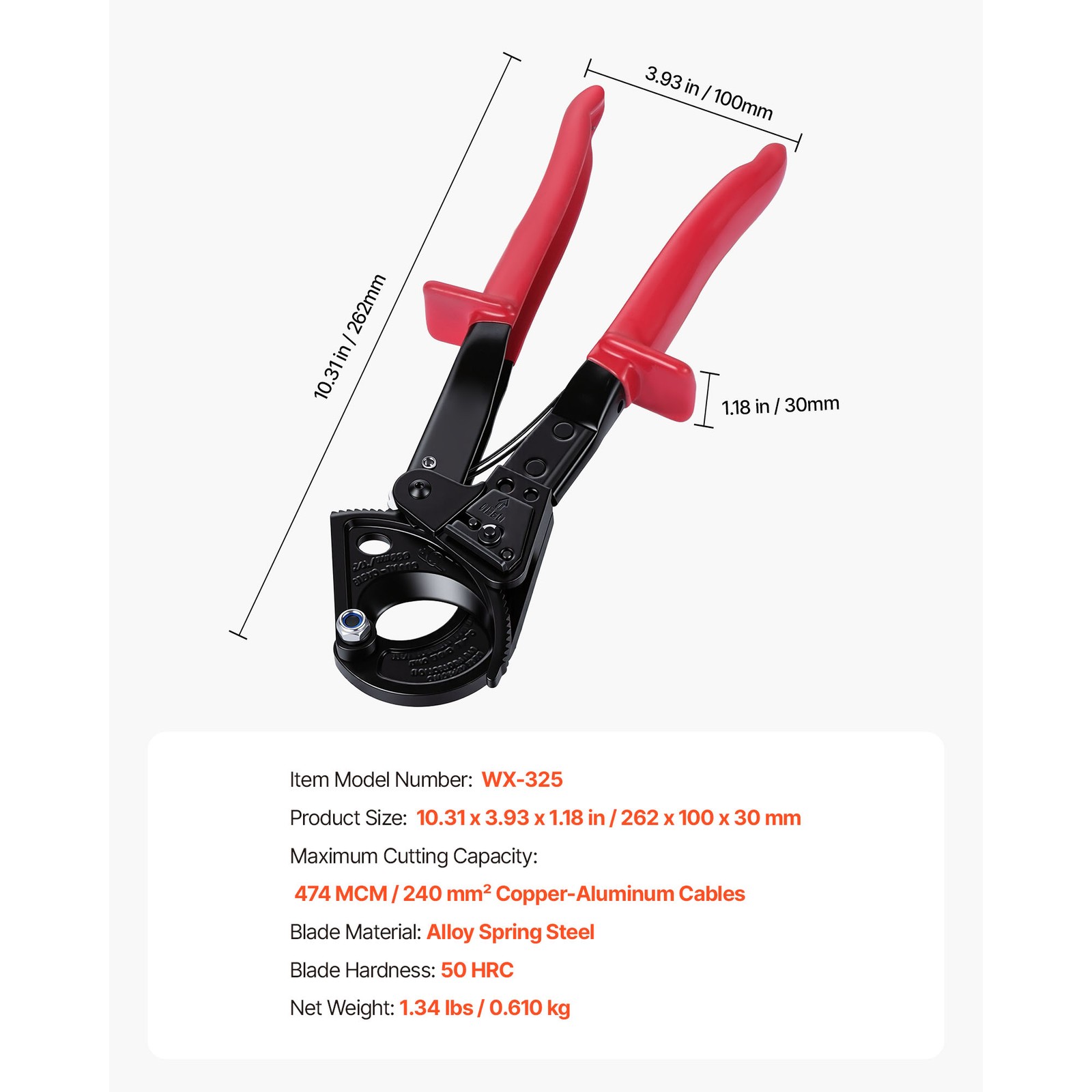 Uimoso Ratcheting Cable Cutter for Copper and Aluminum, 474 MCM / 240 mm²