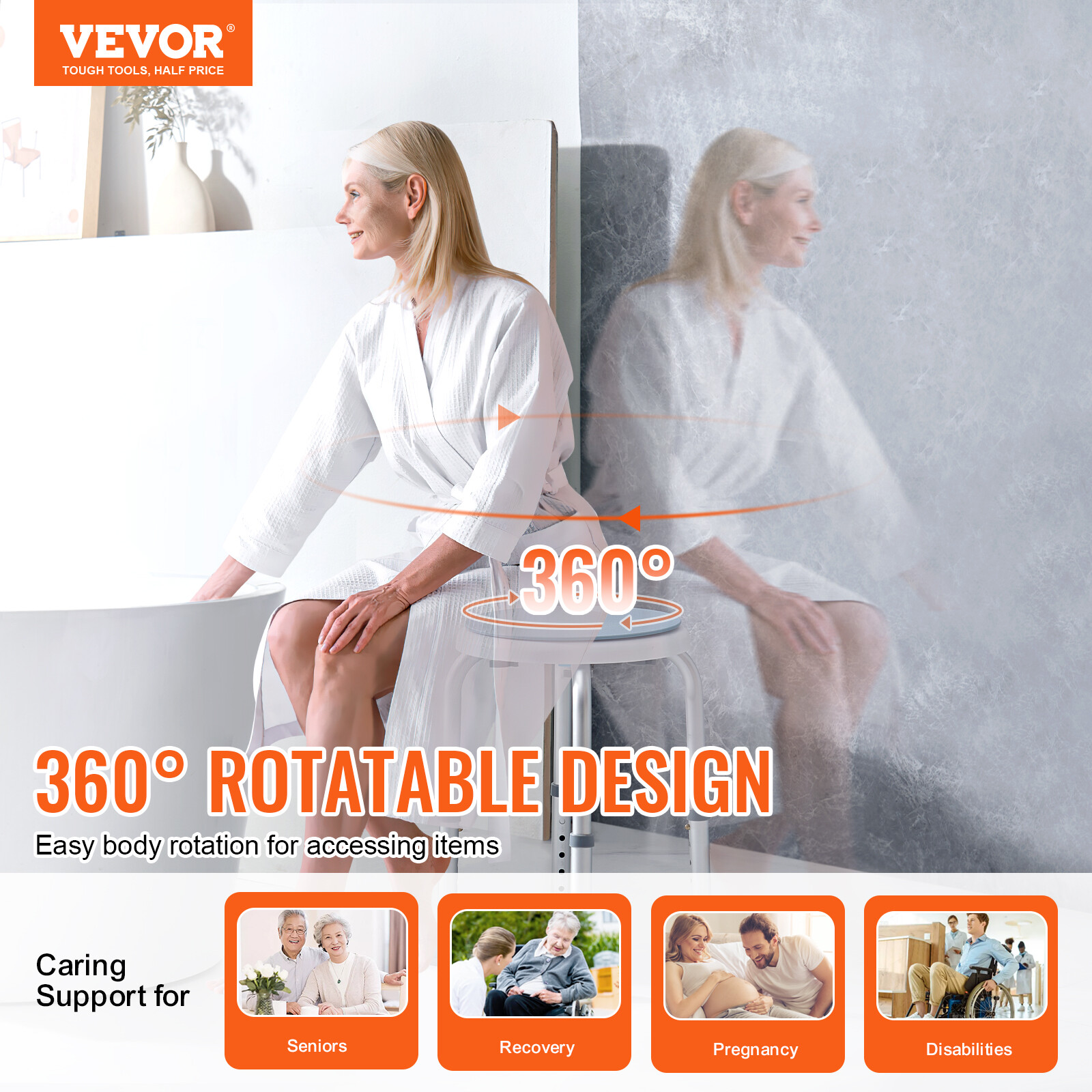 VEVOR Rotating Shower Chair Bath Seat Stool Adjustable Height