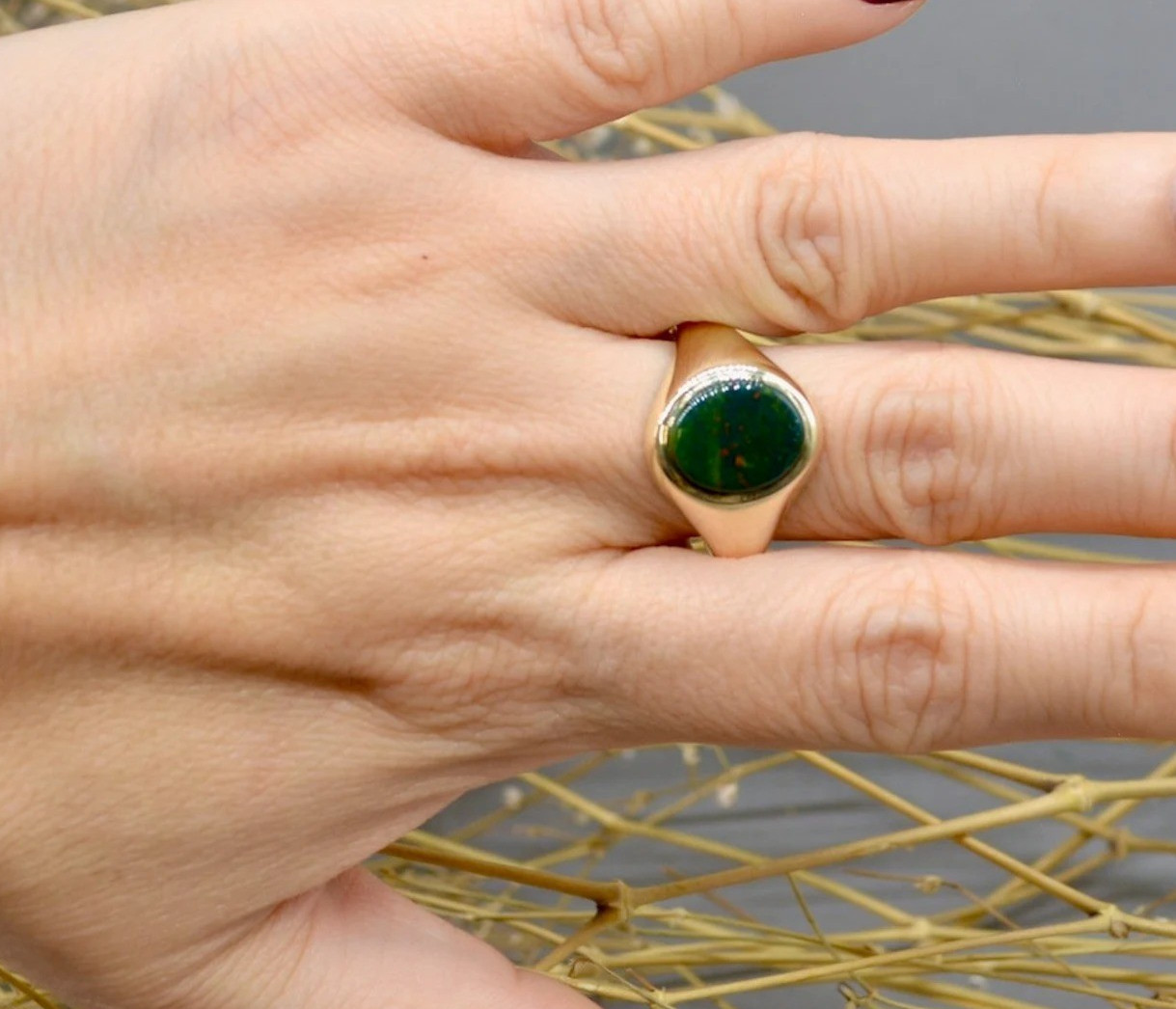 Men’s Bloodstone Ring 14K Gold Plated Oval Signet Vintage Style Gemstone Jewelry