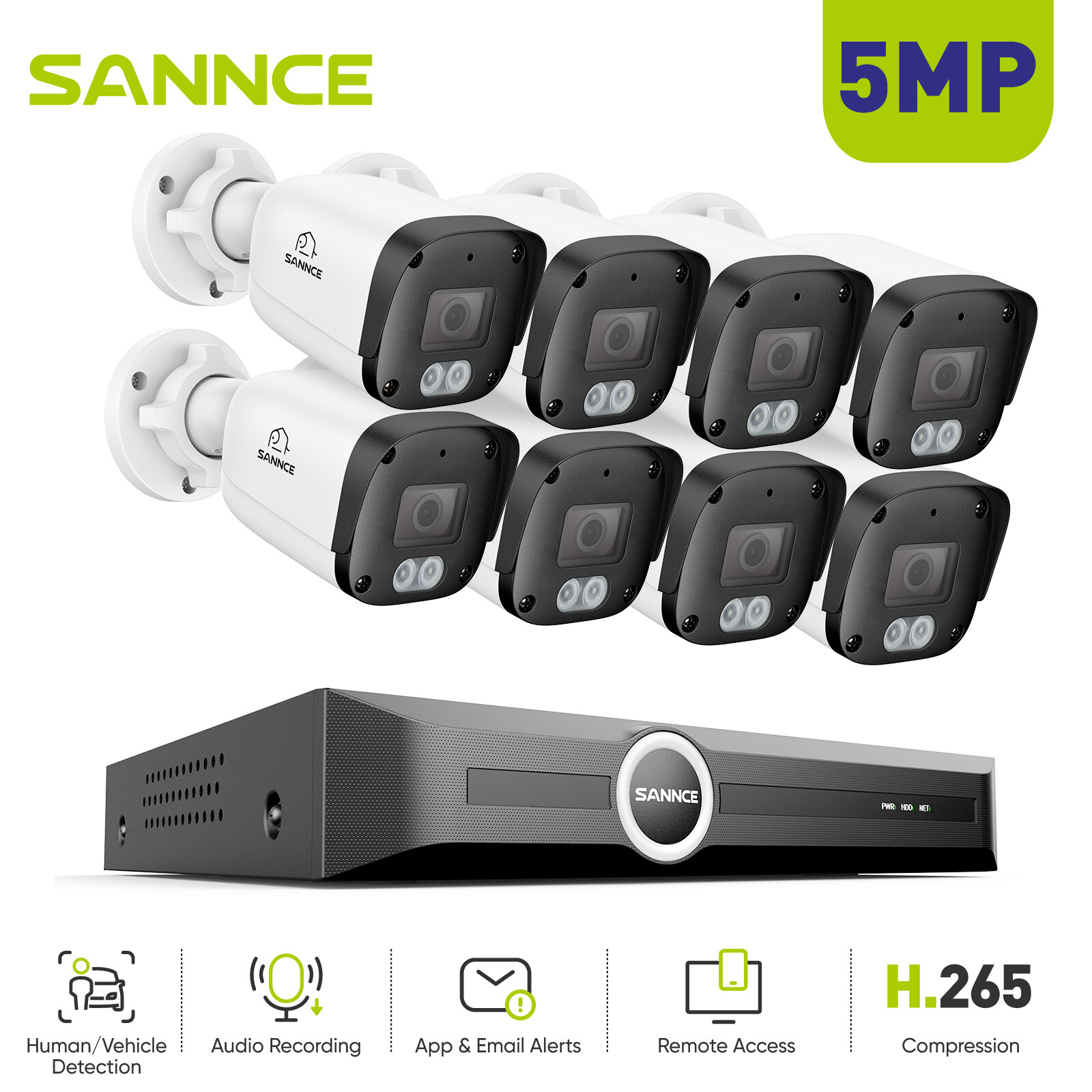 SANNCE 5MP POE Audio Recording Security Camera System 8CH NVR AI Human Detection