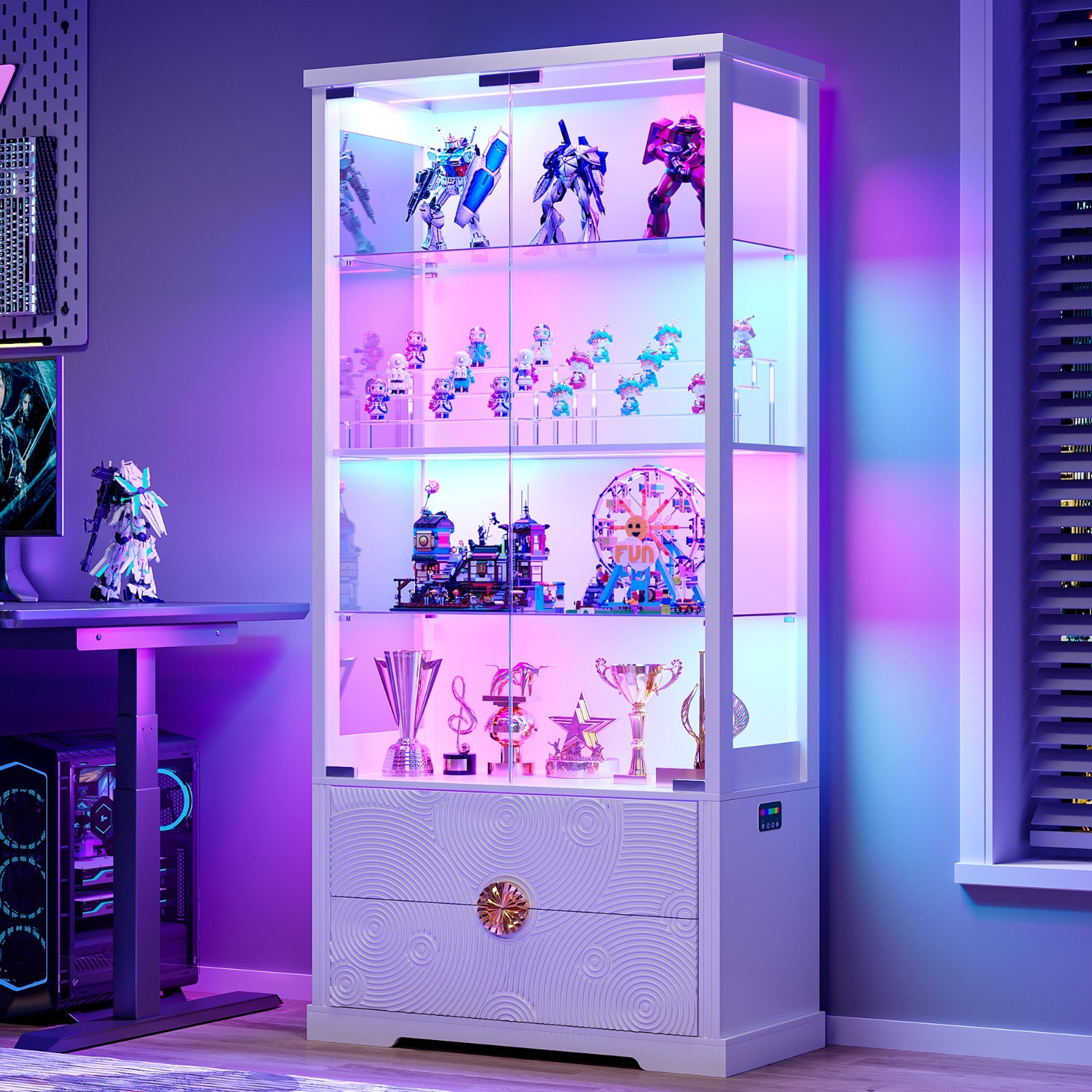 Display Cabinet with Adjustable Glass Shelves & LED RGB Lights for Collectibles