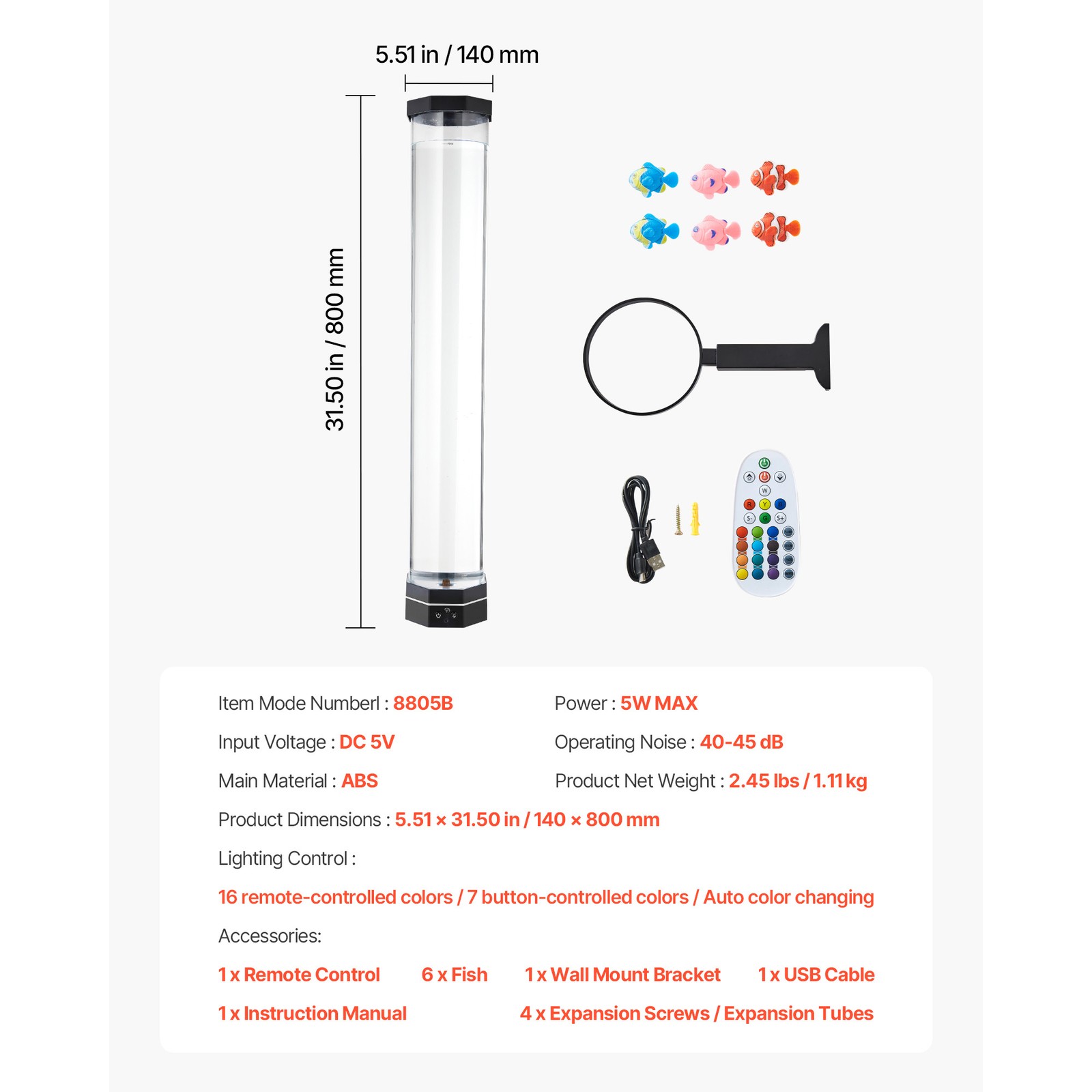 Bubble Tube Lamp 16 Color 2.67 ft Sensory Aquarium Lamp for Relief Calming