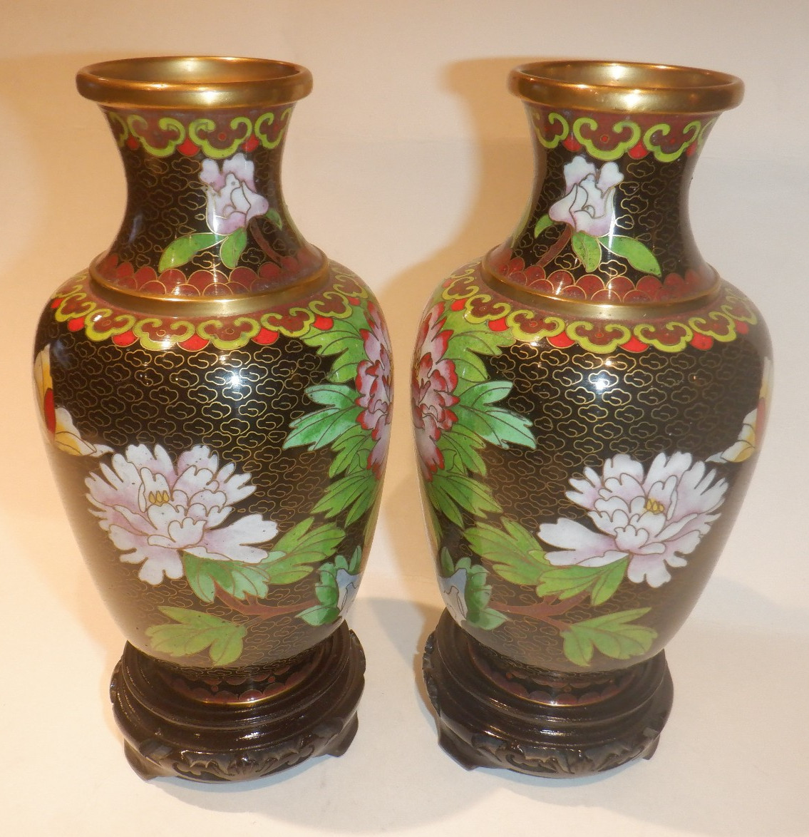 Pair of Vintage Cloisonne' Brass & Enamel Chinese Floral Vases w/Wood Stands