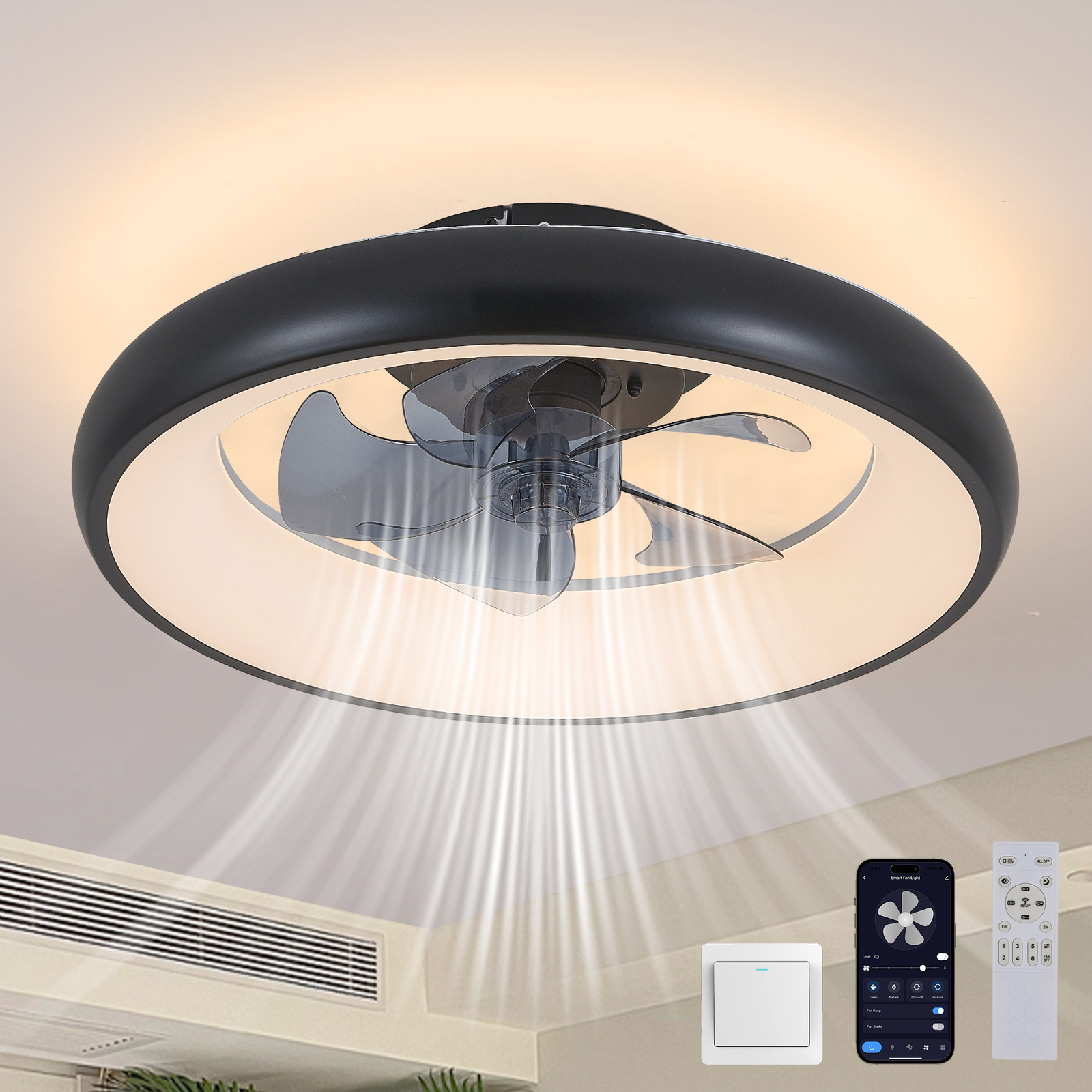20" Black LED Ceiling Fan Light Flush Mount Modern kit With Remote APP Control