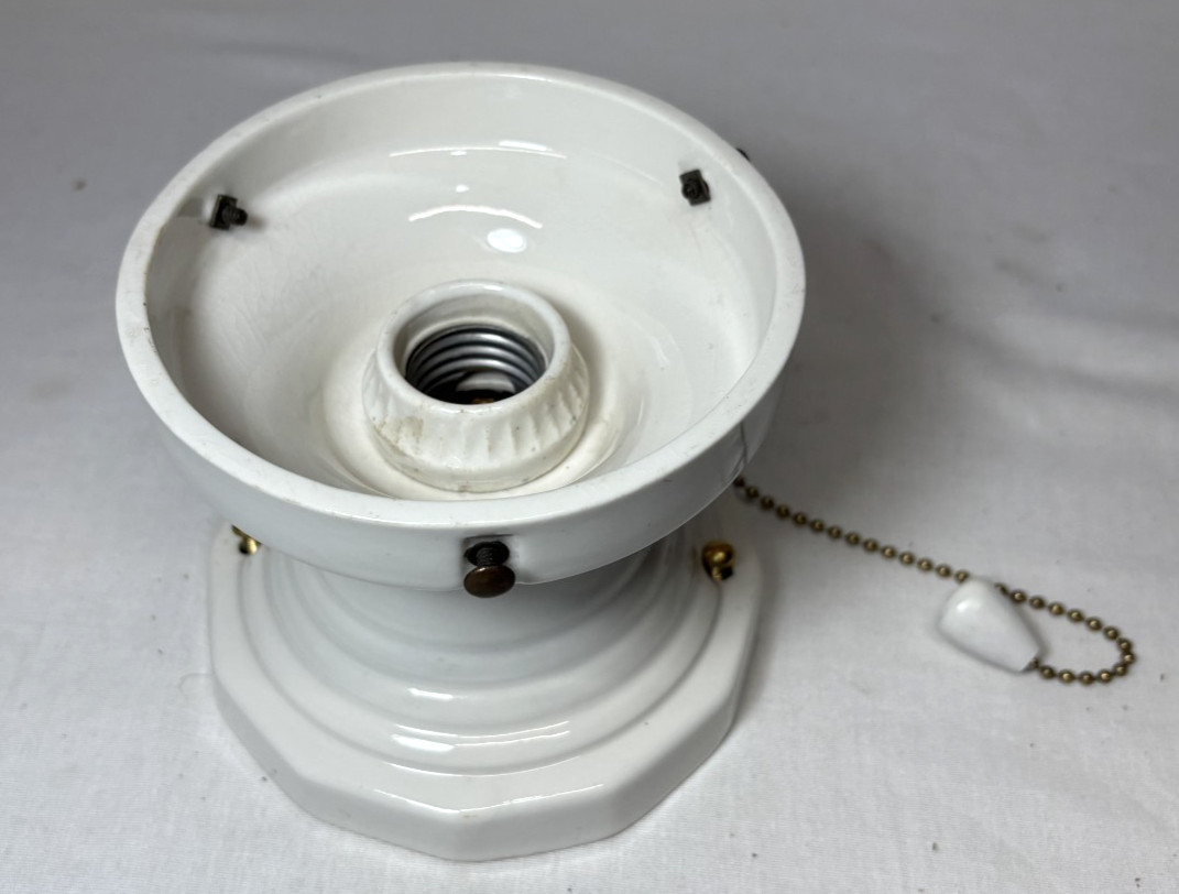 Skyscraper Shade Porcelain Ceiling Light Fixture Vtg Art Deco Glass USA #L44