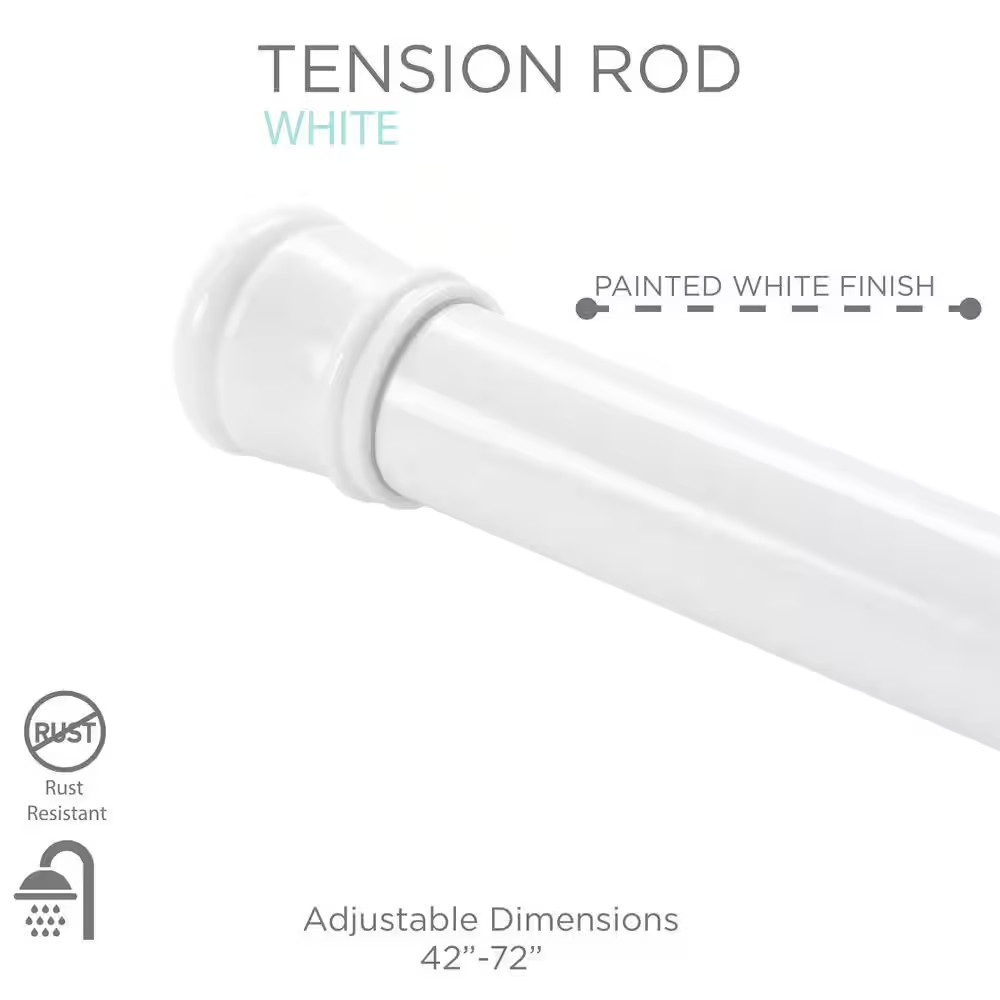 42 - 72 in. Spring Tension Shower Curtain Rod, White, Adjustable