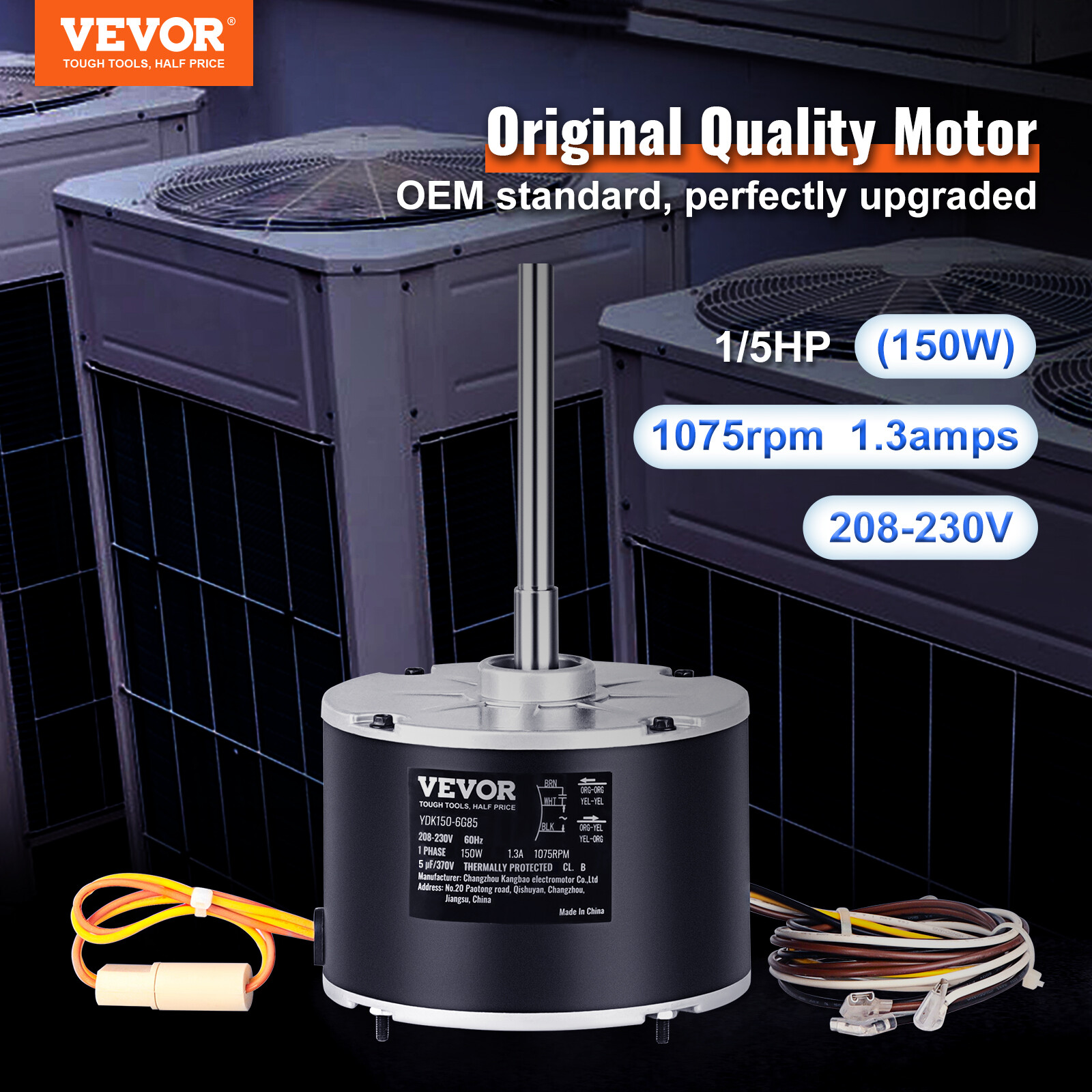 VEVOR Condenser Fan Motor 1/5HP 1075RPM 1.3A 208-230V K55HXJKL-2918 51-23055-11