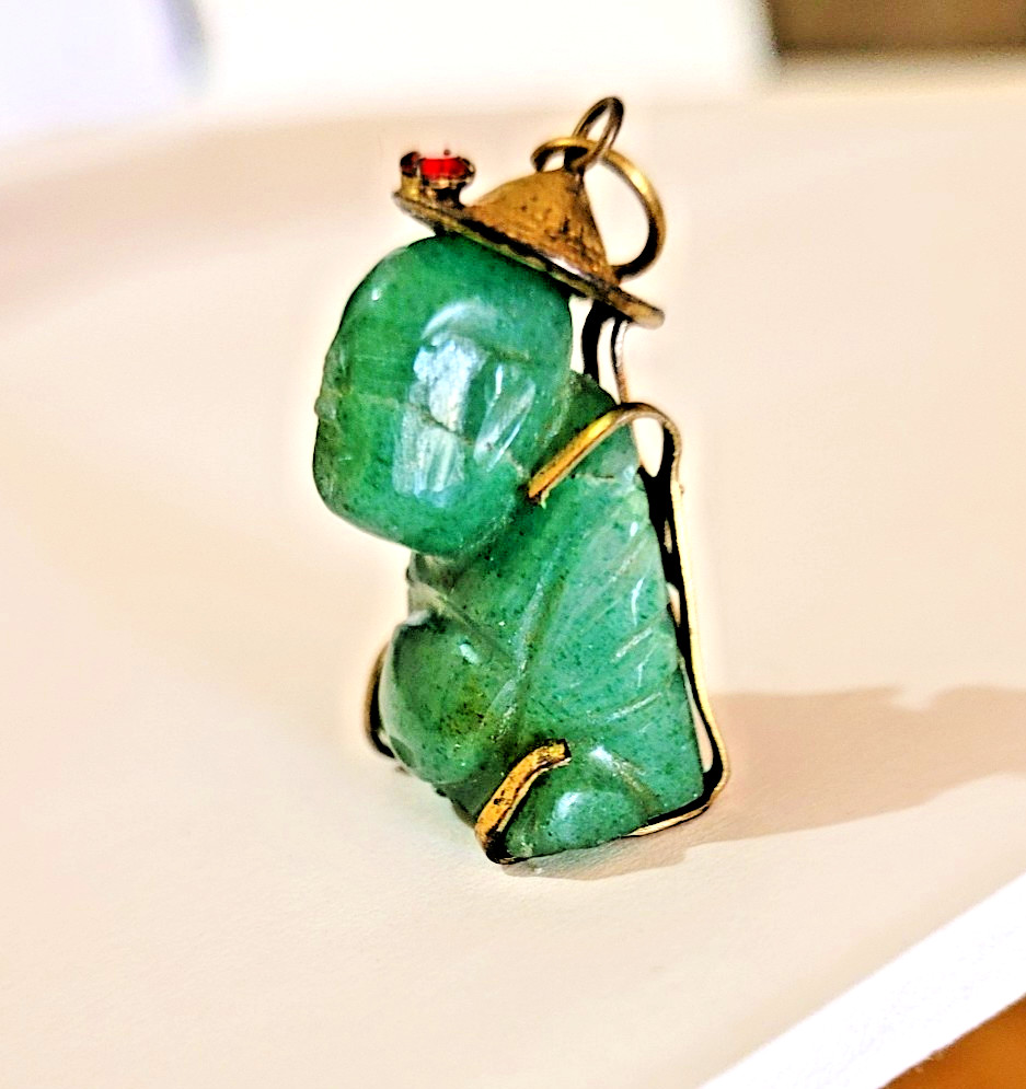 14K Yellow Gold Jade Ruby Buddha Pendant Vintage 1" Tall